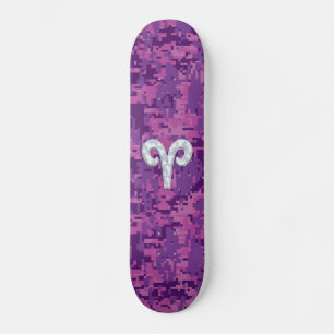 Pearl Like Aries Symbol on Pink Digital Camo Skateboard