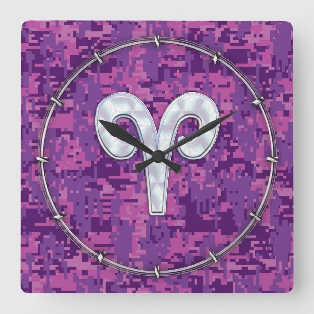 Pearl Like Aries Symbol on Pink Digital Camo Square Wall Clock (Front)
