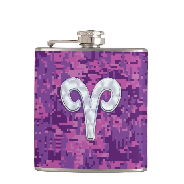 Pearl Like Aries Zodiac Symbol Digital Camouflage Hip Flask (Front)
