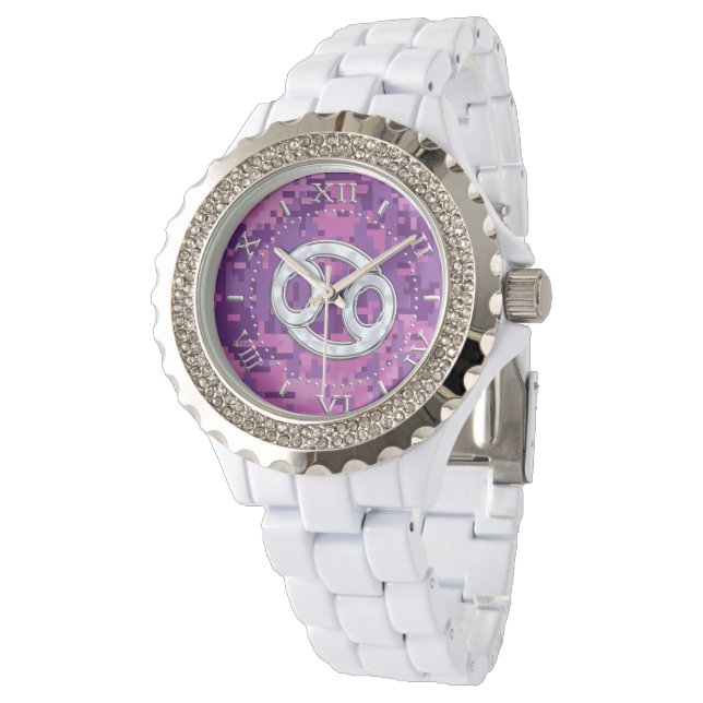 Pearl Like Cancer Zodiac Symbol on Camo Dial Watch (Angled)