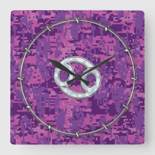Pearl Like Cancer Zodiac Symbol on Digital Camo Square Wall Clock