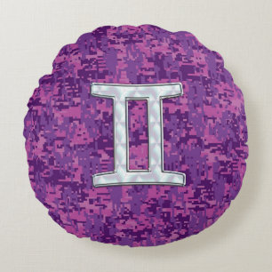 Pearl Like Gemini Zodiac Sign on Digital Camo Round Cushion