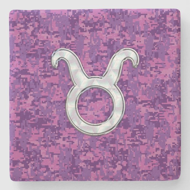 Pearl Like Taurus Zodiac Sign Fuchsia Digital Camo Stone Coaster (Front)