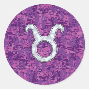 Pearl Like Taurus Zodiac Sign on Pink Digital Camo Classic Round Sticker