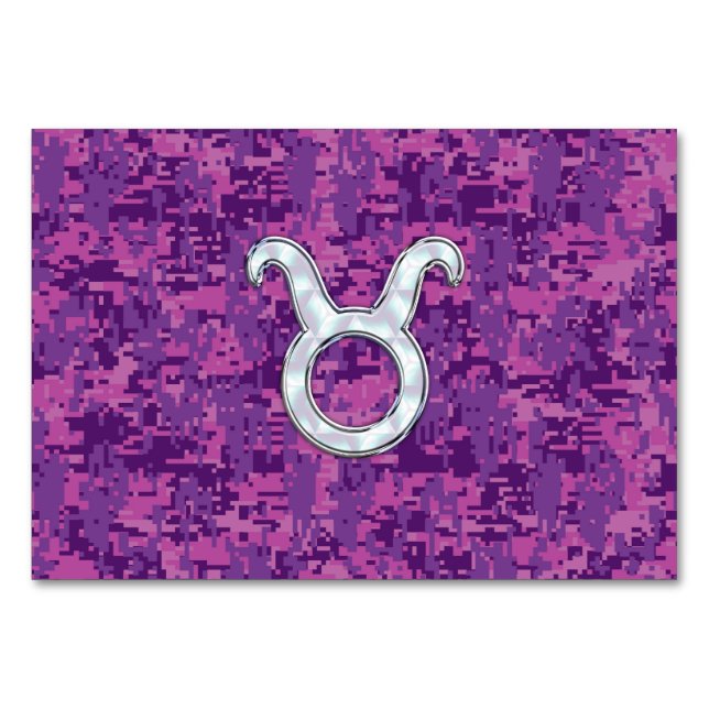 Pearl Like Taurus Zodiac Sign on Pink Digital Camo Table Number (Front)