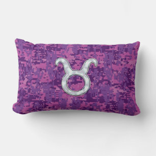 Pearl Like Taurus Zodiac Symbol on Digital Camo Lumbar Cushion