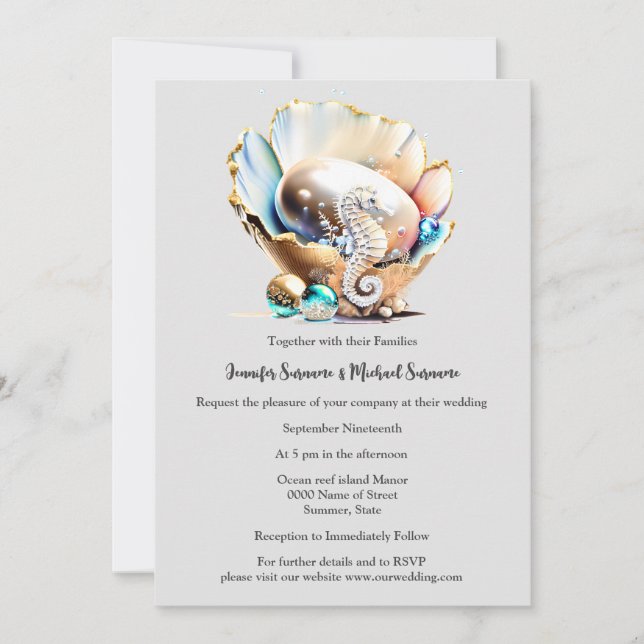 Pearl lustre shell seahorse fantasy bubbles beach invitation (Front)