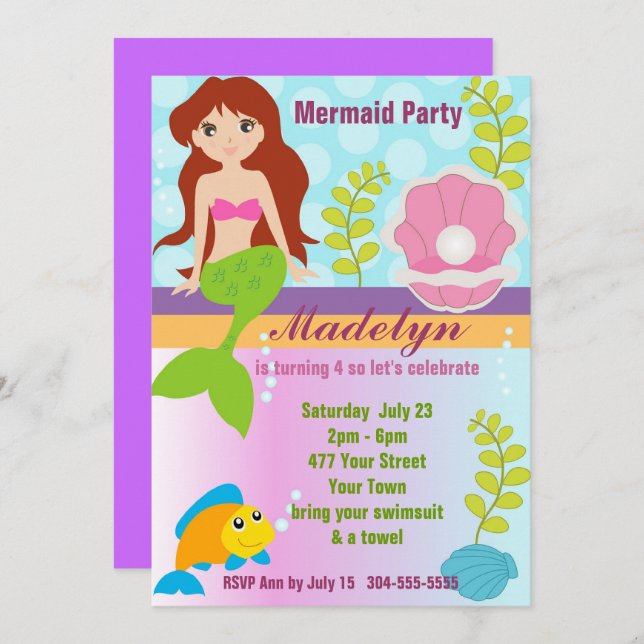 Pearl Mermaid Pool Party Invitation (Front/Back)