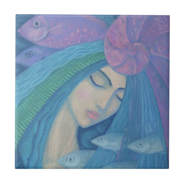 Pearl Mermaid Princess Fish Underwater Fantasy Art Ceramic Tile (Front)