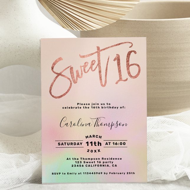 Pearl ombre rainbow script blush Sweet 16 photo Invitation (Creator Uploaded)