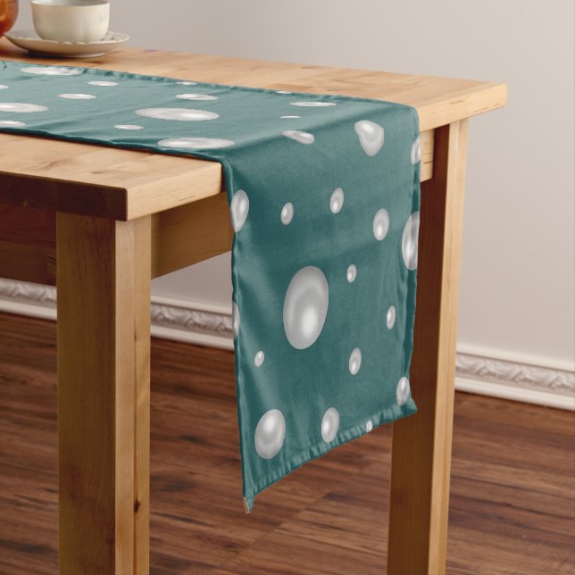 Pearl Pattern on Transformative Teal Background Short Table Runner (In Situ)