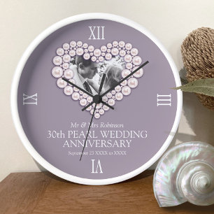 Pearl photo heart 30th wedding anniversary custom large clock