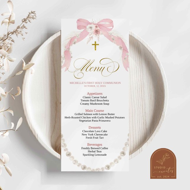 Pearl Pink Boho First Holy Communion Menu Card (Creator Uploaded)