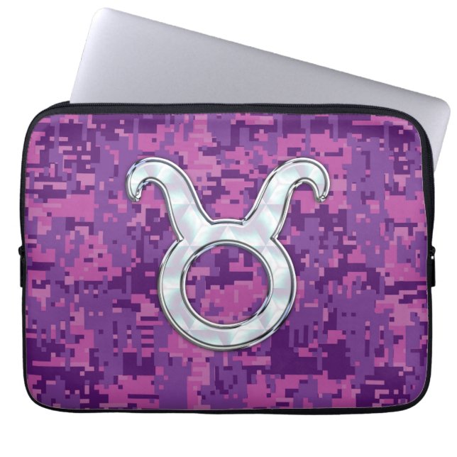 Pearl Pink Taurus Zodiac Sign on Digital Camo Laptop Sleeve (Front)