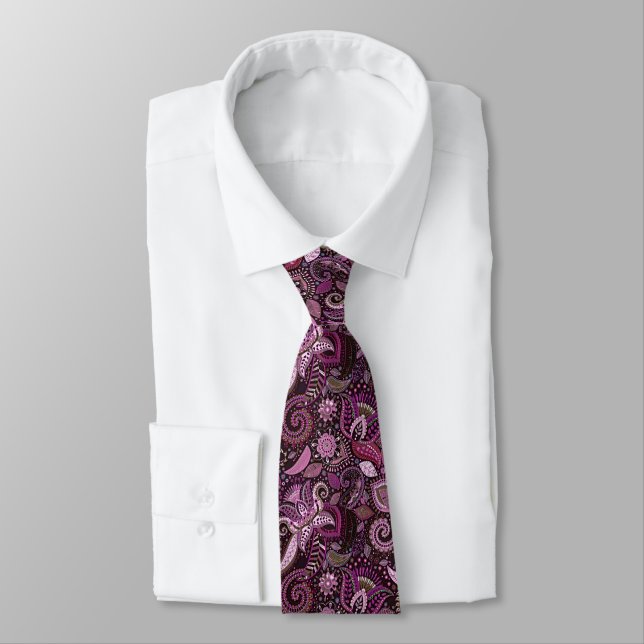 Pearl Purple Vintage Indian Batik Style Satin Tie (Tied)
