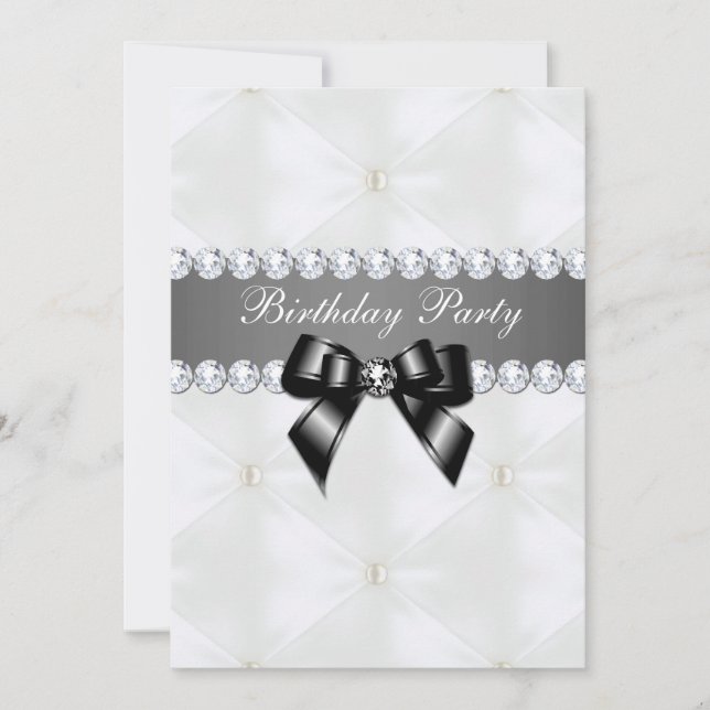 Pearl Quilted & Black Jewel Bow Birthday Invitation (Front)