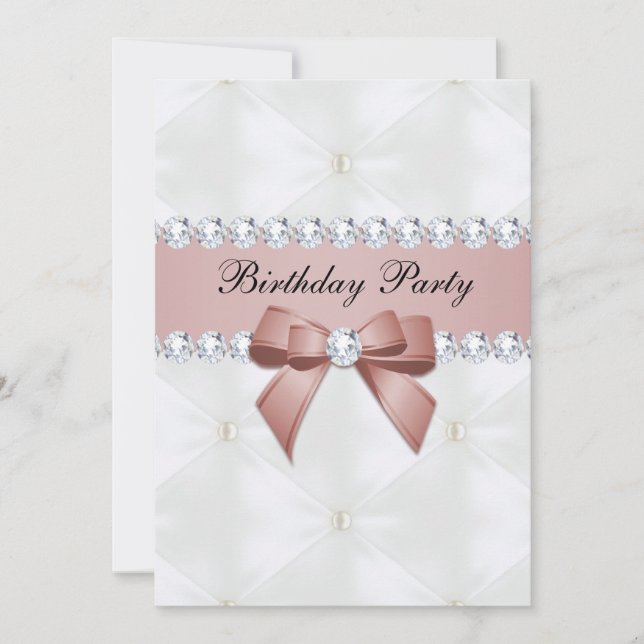 Pearl Quilted & Rose Gold Jewel Bow Birthday Invitation (Front)