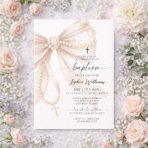 Pearl Rosary Bow Baptism Invitation