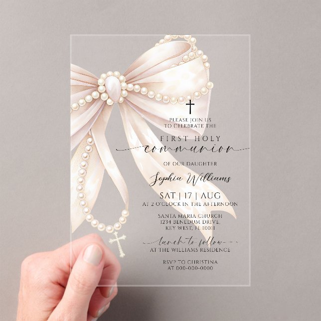 Pearl Rosary Bow First Holy Communion Acrylic Invitations (Insitu (Handheld))