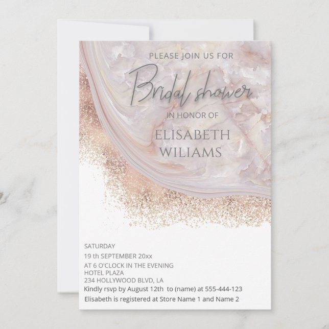 Pearl rose gold marble agate calligraphy invitation (Front)