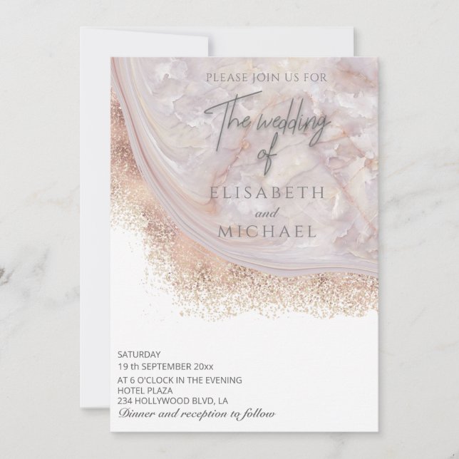 Pearl rose gold marble agate calligraphy invitation (Front)