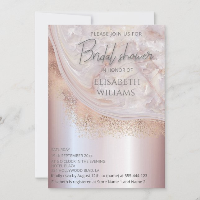 Pearl rose gold marble agate calligraphy metallic invitation (Front)