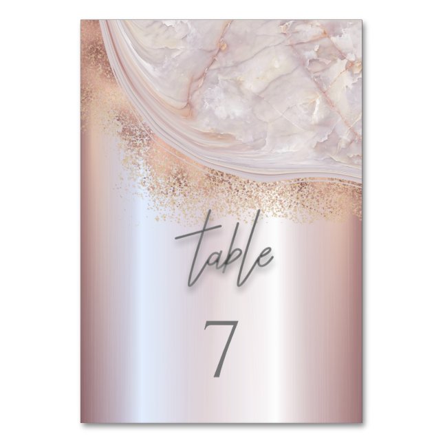 Pearl rose gold marble agate calligraphy metallic table number (Front)