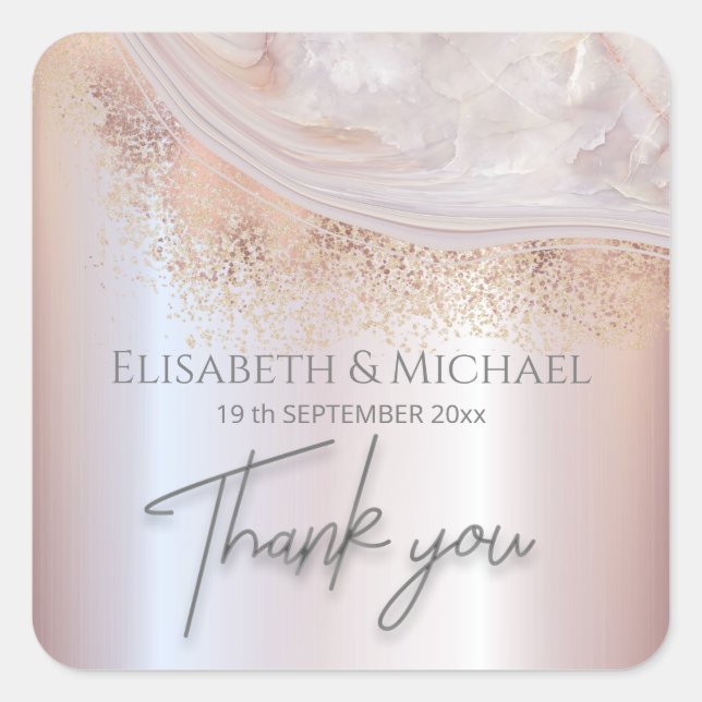 Pearl rose gold marble agate calligraphy thank you square sticker (Front)