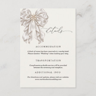 Pearl Satin Bow Elegant Wedding Details Card