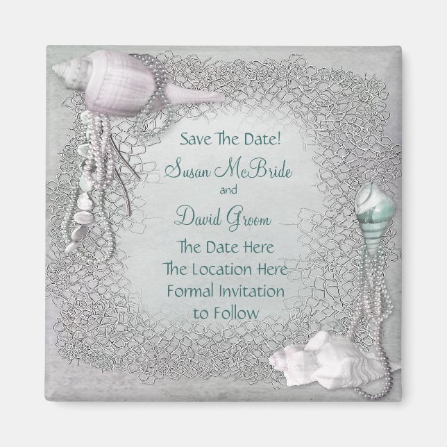 Pearl Seashell Beach Wedding Save The Date Magnet (Front)