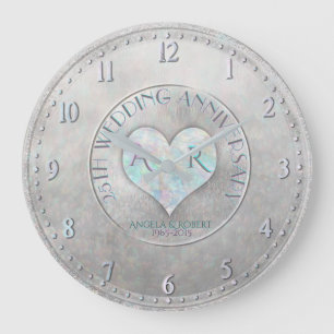 Pearl Silver Heart Monogram Wedding Anniversary Large Clock