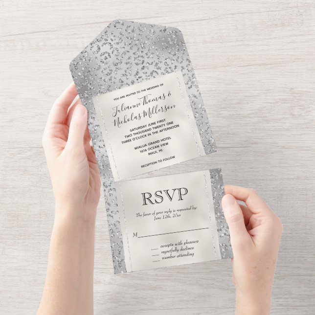 Pearl Silver Leopard Print Glitter   All In One Invitation (Tearaway)