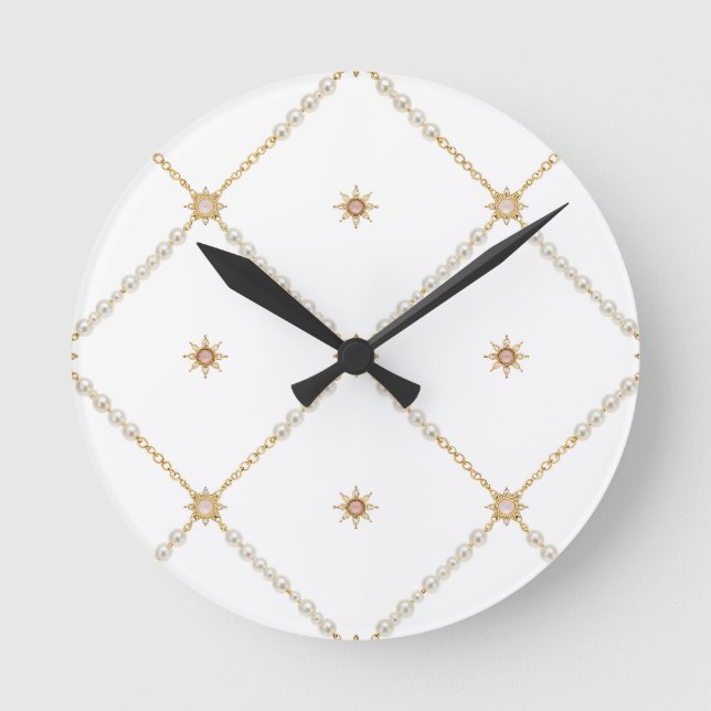 Pearl Sunburst Lattice Jewelry Pattern Round Clock (Front)