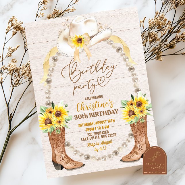 Pearl Sunflower Boots Birthday Invitation (Creator Uploaded)