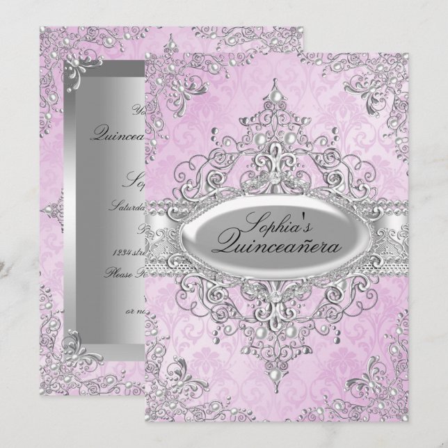 Pearl Vintage Glamour Pink Quinceanera Invitation (Front/Back)