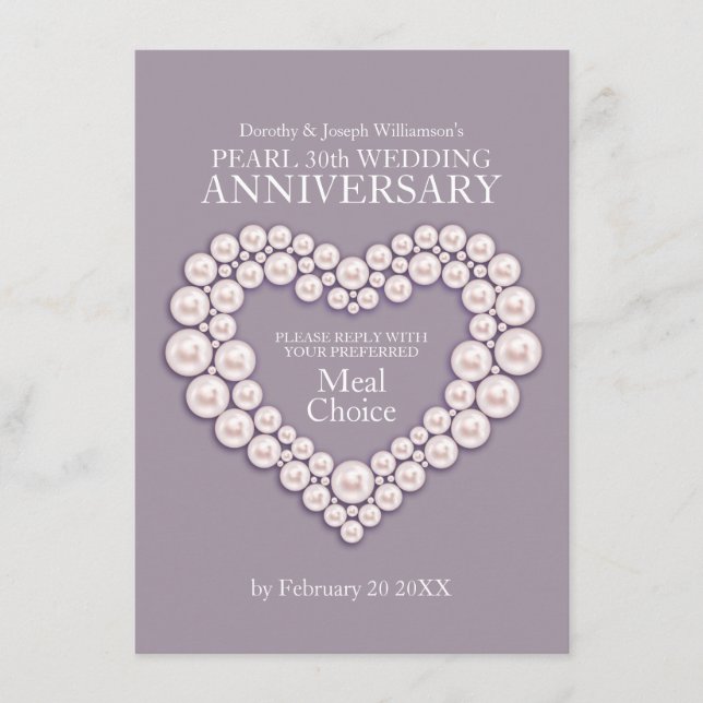 Pearl wedding anniversary meal options card (Front)