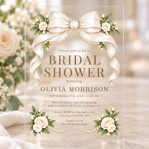 Pearl White Bow Floral Bridal Shower Acrylic Invitations