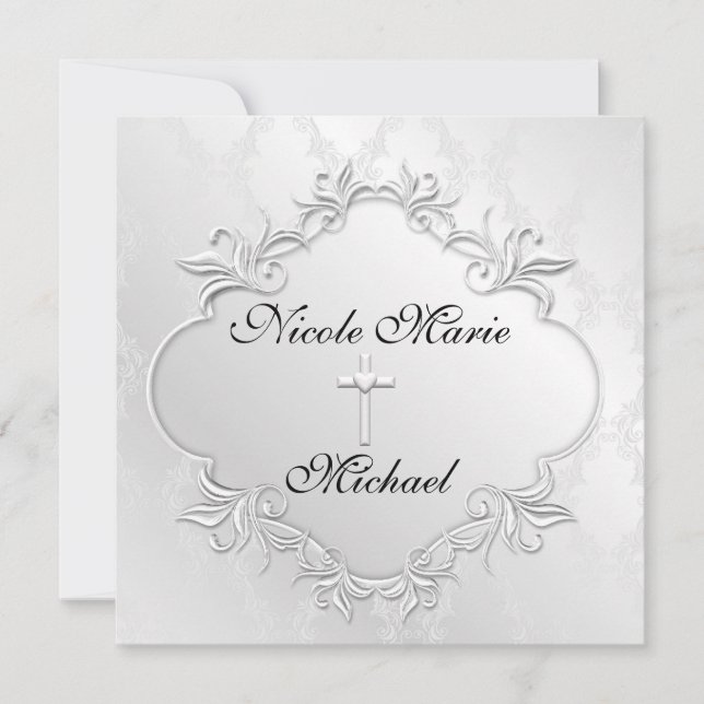 PEARL WHITE  Damask  Invitations Elegant Design (Front)