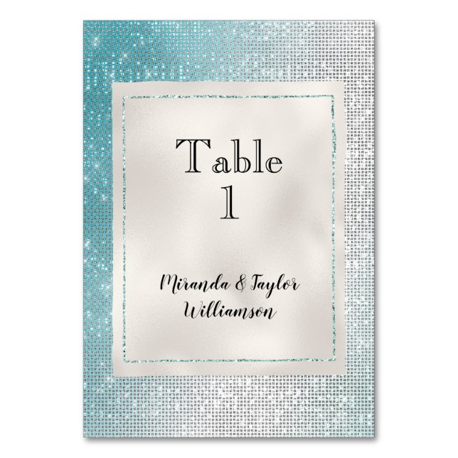 Pearl White Glam Glitzy Aqua Sparkle Table Number (Front)