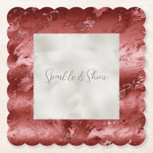Pearl White Glitter Red Marble Wedding Paper Coaster