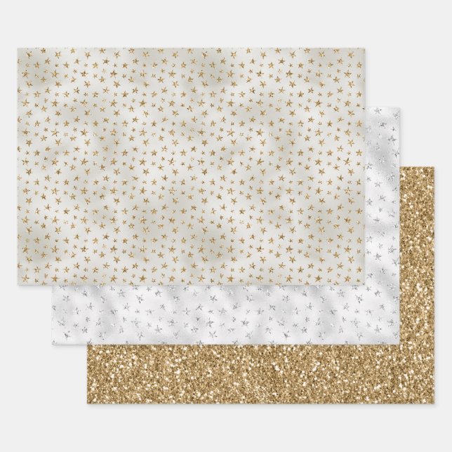 Pearl White Gold Glitter Sparkle Stars      Wrapping Paper Sheet (Set)