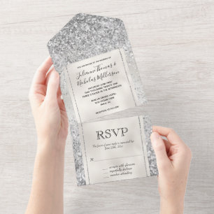 Pearl White Luxe Silver Glitter     All In One Invitation