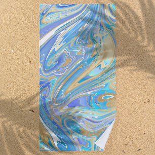 Pearlescent Aqua & Gold Liquid Marble Beach Towel