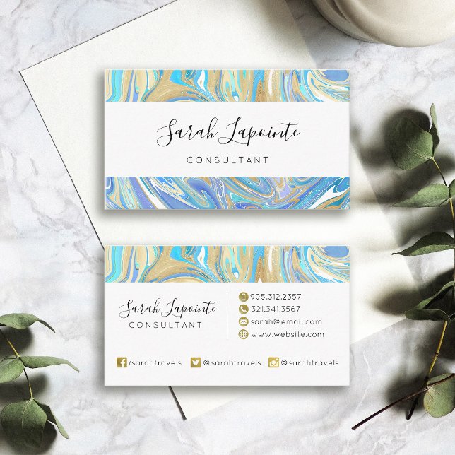 Pearlescent Aqua & Gold Liquid Marble Business Card (Creator Uploaded)