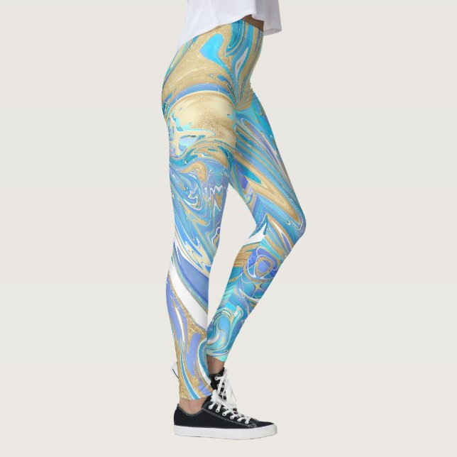 Pearlescent Aqua & Gold Liquid Marble Leggings (Right)