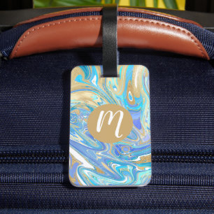 Pearlescent Aqua & Gold Liquid Marble Luggage Tag