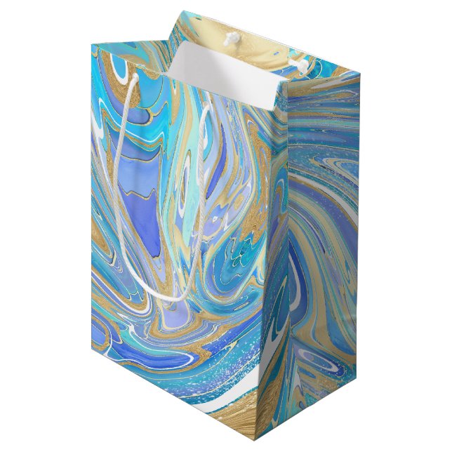 Pearlescent Aqua & Gold Liquid Marble Medium Gift Bag (Front Angled)