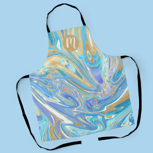 Pearlescent Aqua & Gold Liquid Marble & Monogram Apron
