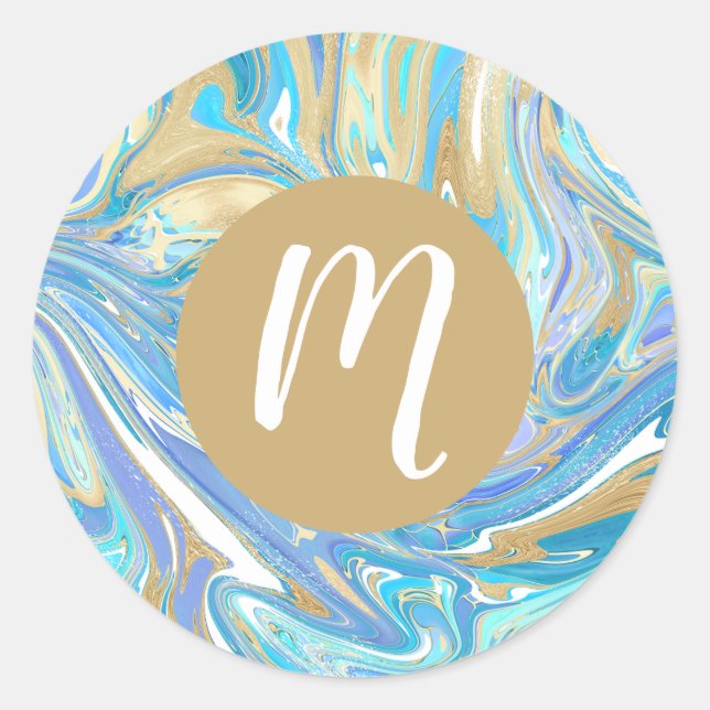 Pearlescent Aqua & Gold Liquid Marble & Monogram Classic Round Sticker (Front)