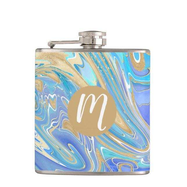 Pearlescent Aqua & Gold Liquid Marble & Monogram Hip Flask (Front)